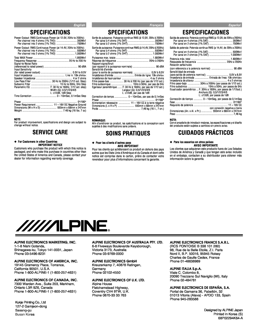 Alpine MRD-M1000 Specifications, Especificaciones, Service Care, Soins Pratiques, Cuidados Prácticos, English, Français 