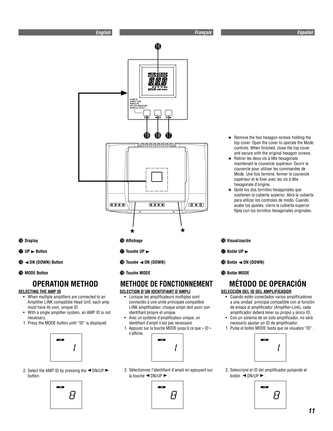 Alpine MRD-M1005 Operation Method, Método DE Operación, Selecting the AMP ID, Selection D’UN Identifiant D’AMPLI 