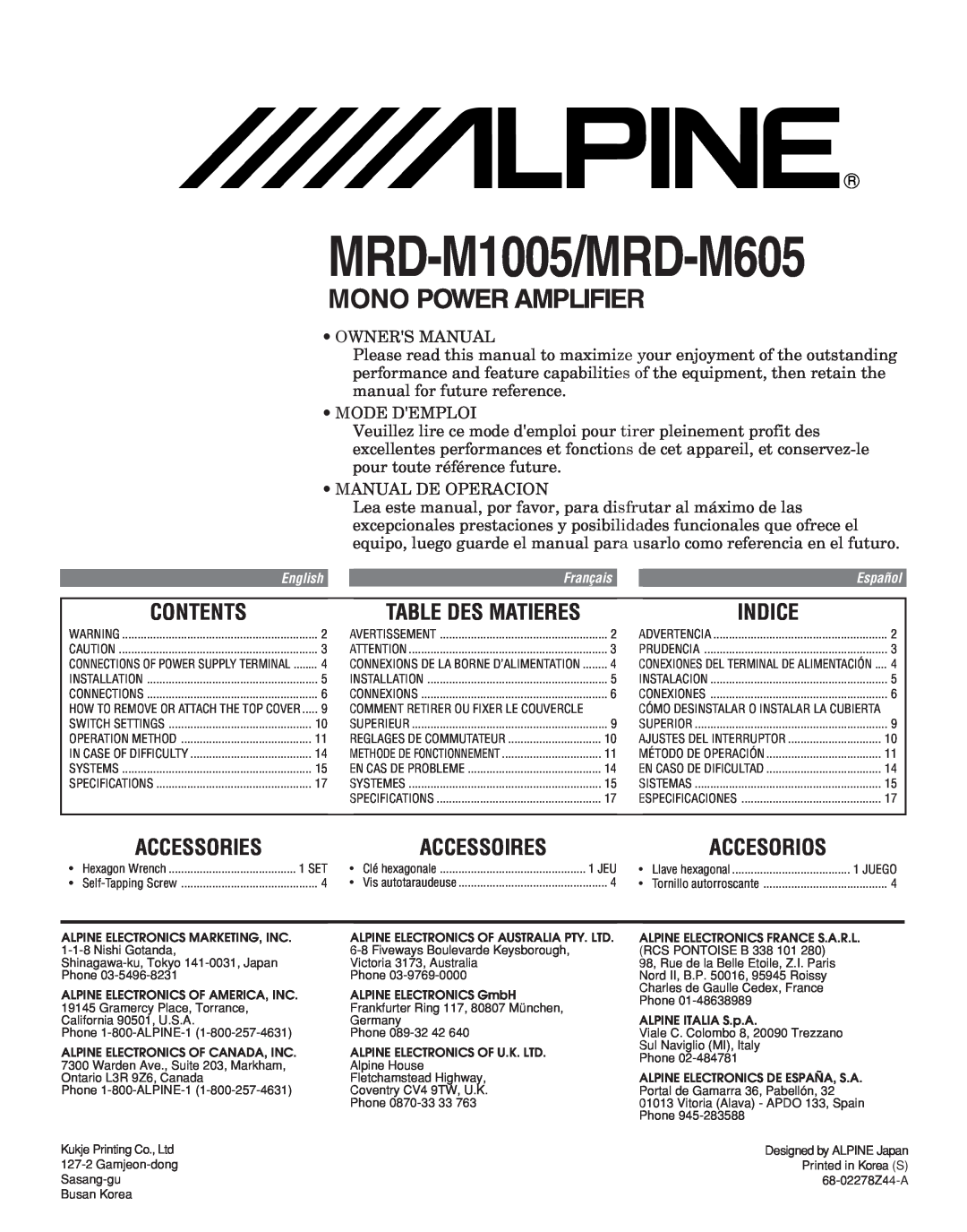 Alpine MRD-M1005 owner manual Contents, Indice, Accessories, Accessoires, Accesorios, Table Des Matieres, Mode Demploi 