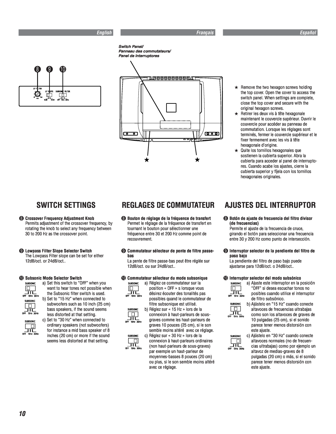 Alpine MRD-M1005 owner manual Switch Settings, Reglages De Commutateur Ajustes Del Interruptor, Español 