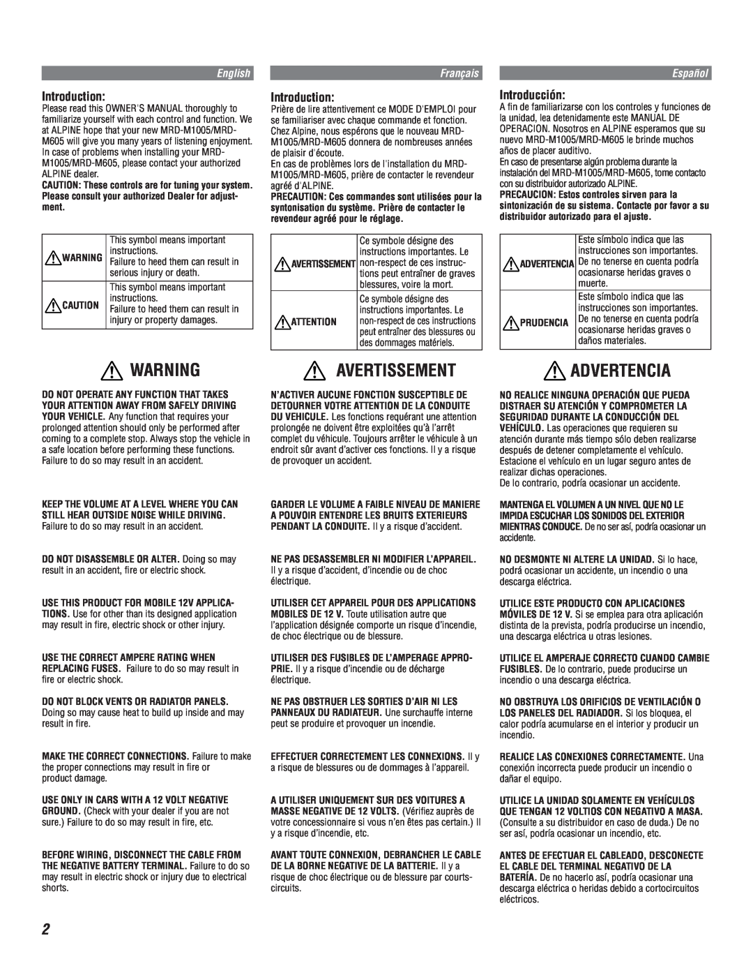 Alpine MRD-M1005 owner manual Avertissement, Advertencia, English, Français, Español 