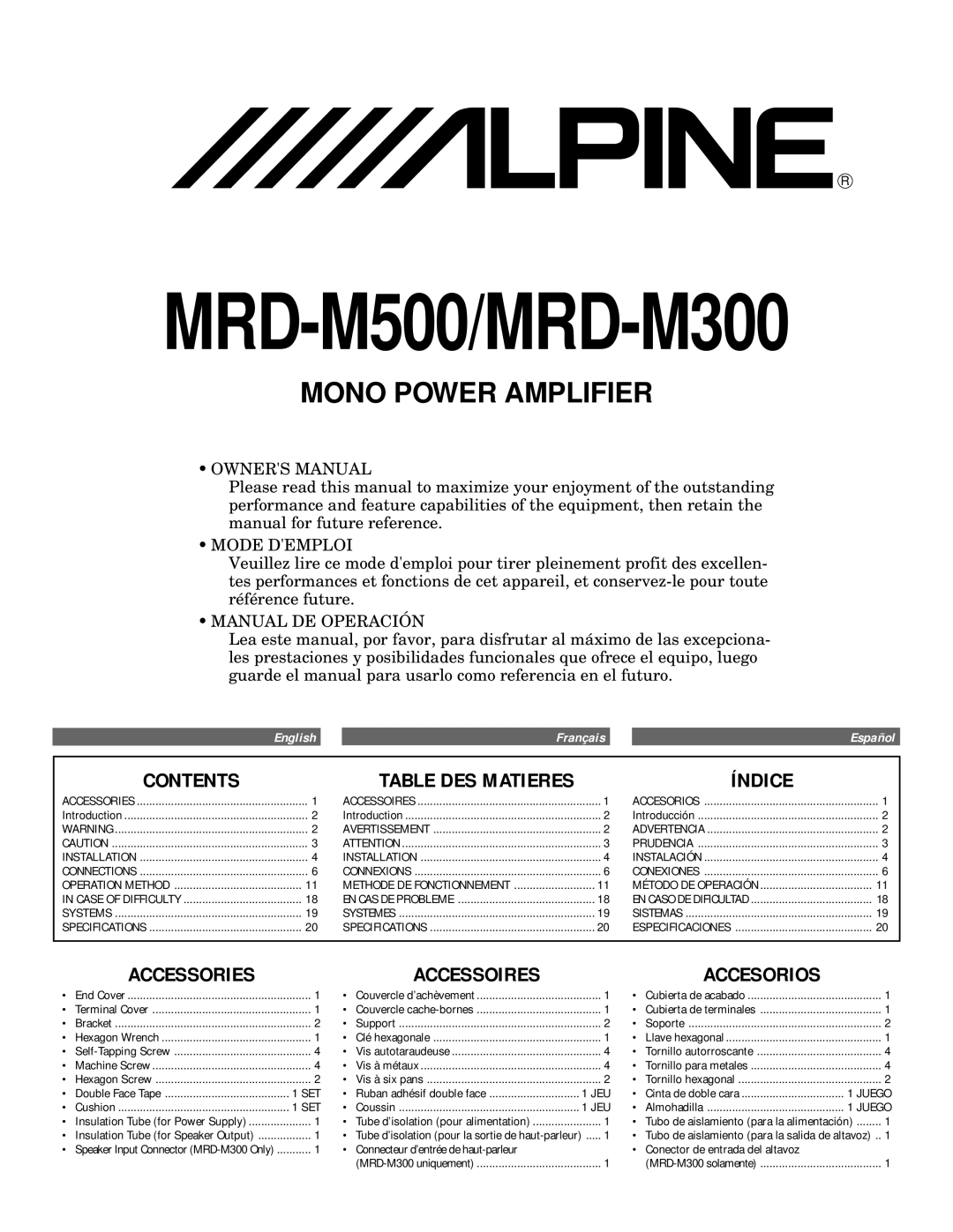 Alpine MRD-M300, MRD-M500 owner manual Contents, Índice, Accessories Accessoires 