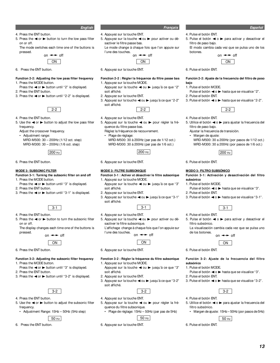 Alpine MRD-M300, MRD-M500 owner manual Mode 3 Subsonic Filter, Mode 3 Filtre Subsonique, Modo 3 Filtro Subsónico 