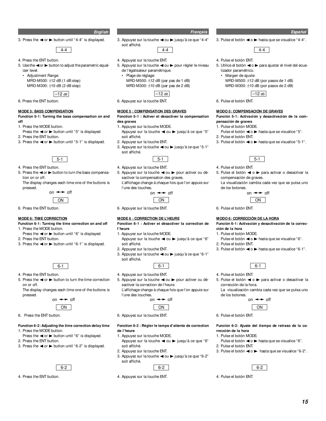 Alpine MRD-M300, MRD-M500 owner manual Mode 5 Bass Compensation, Mode 6 Time Correction, Mode 5 Compensation DES Graves 