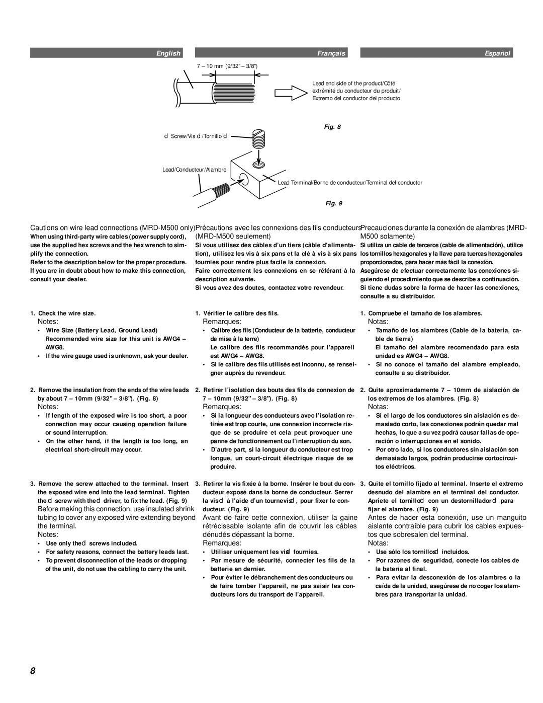 Alpine MRD-M500, MRD-M300 owner manual Use only the d screws included, Vérifier le calibre des fils, Remarques, Notas 