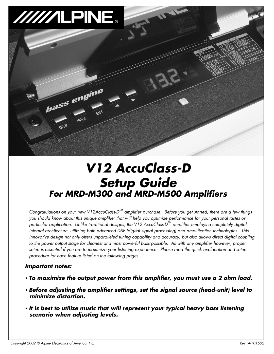 Alpine owner manual V12 AccuClass-D Setup Guide, For MRD-M300and MRD-M500Amplifiers 
