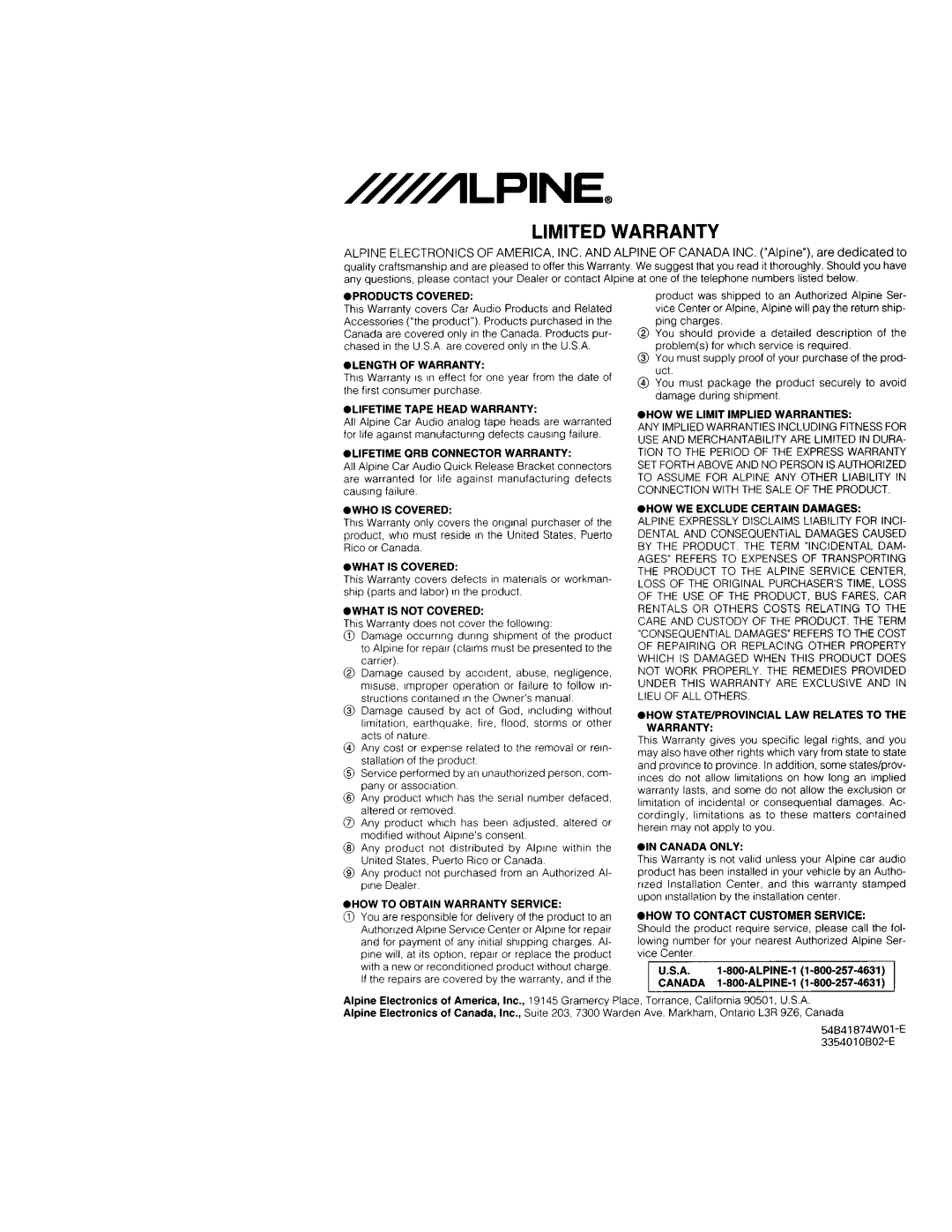 Alpine MRD-M300, MRD-M500 owner manual Limited Warranty 