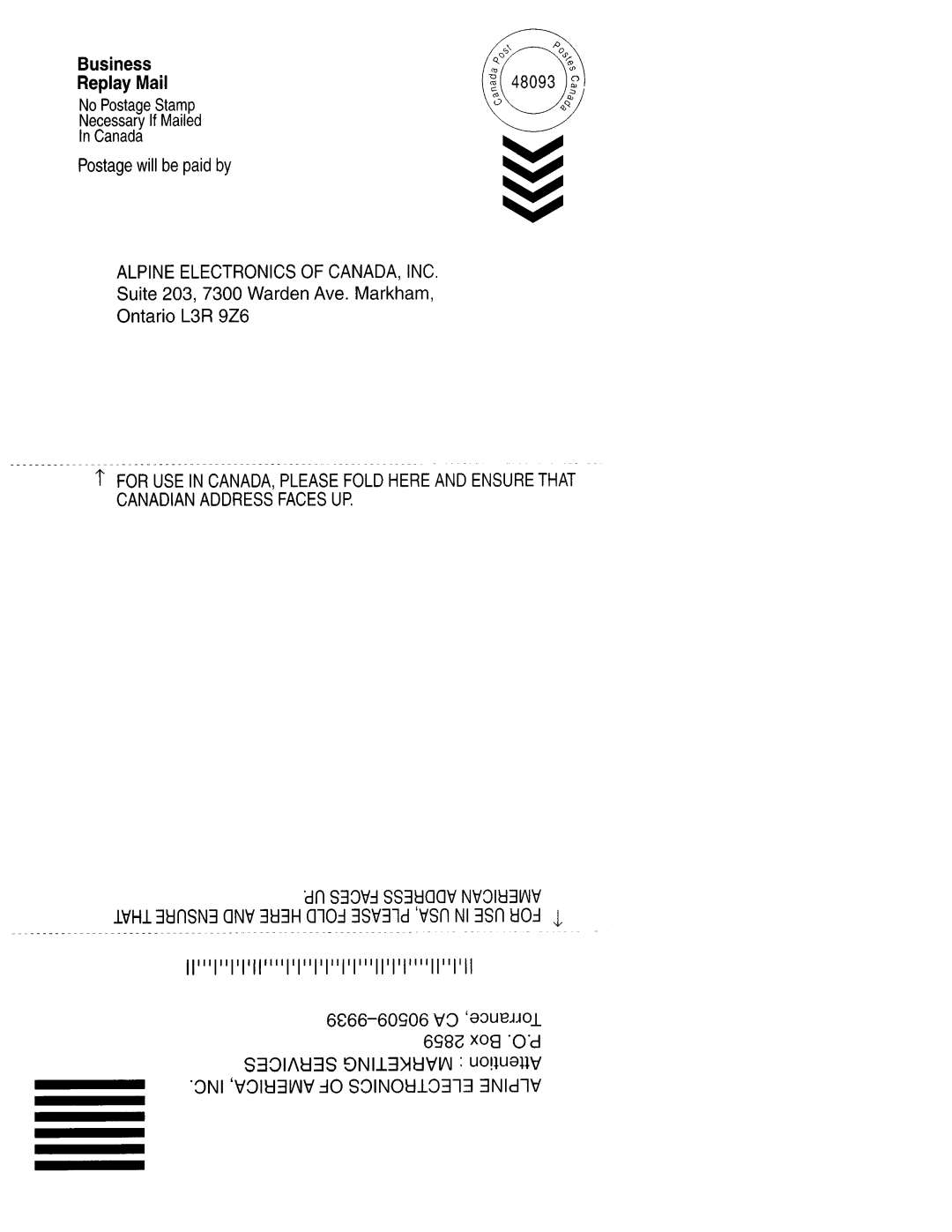 Alpine MRD-M300, MRD-M500 Business Replay Mail, Postagewill be paid by, Alpine Electronics Of Canada, Inc, Ontario L3R 9Z6 