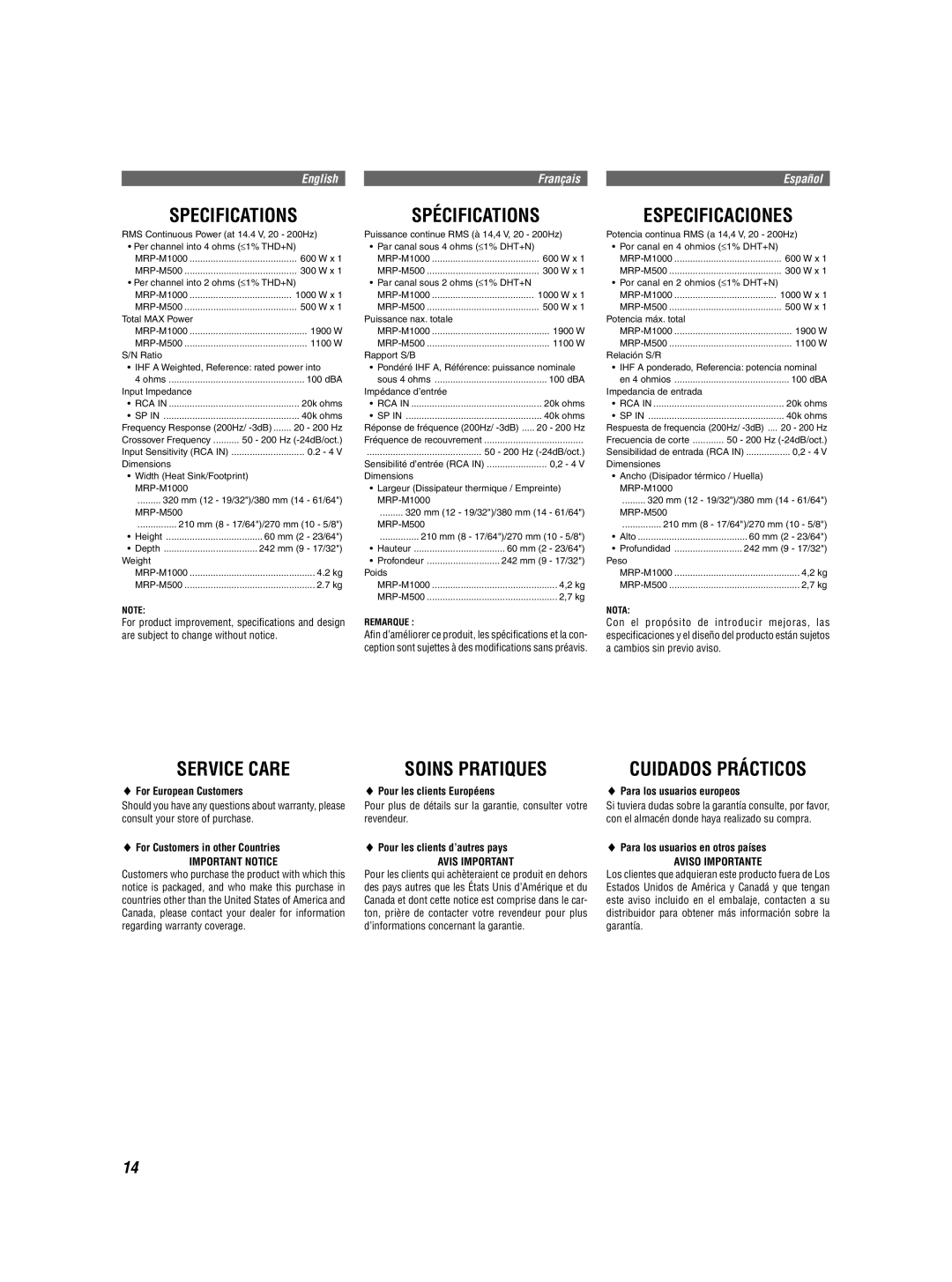 Alpine MRD-M500 owner manual Specifications Spécifications, Service Care Soins Pratiques, Important Notice, Avis Important 