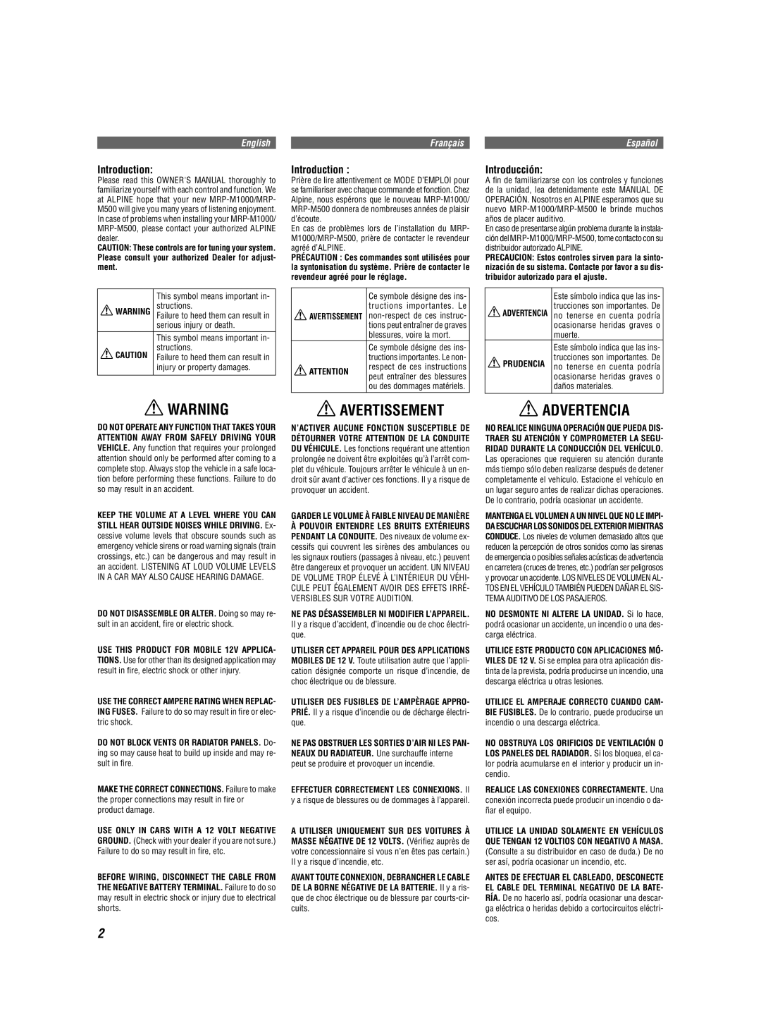 Alpine MRD-M500 owner manual Avertissement, Advertencia, Prudencia 