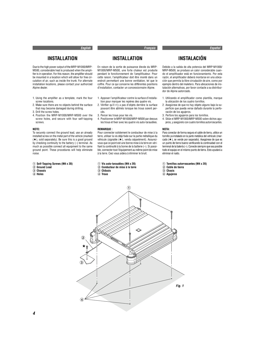 Alpine MRD-M500 owner manual Self-Tapping Screws M4 x Ground Lead Chassis Holes, Remarque, Nota 