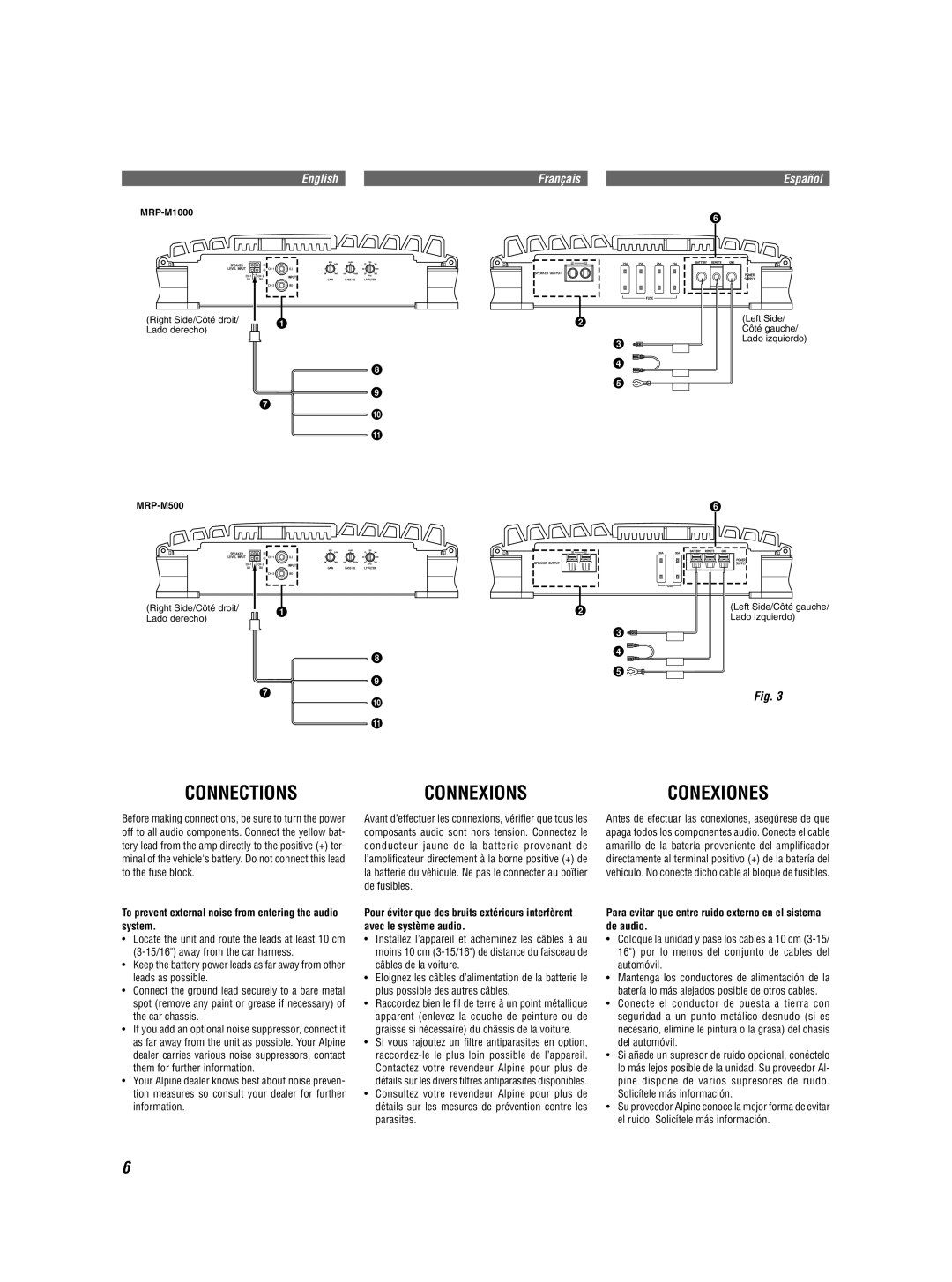 Alpine MRD-M500 owner manual Connections Connexions, Conducteur jaune de la batterie provenant de, De fusibles 