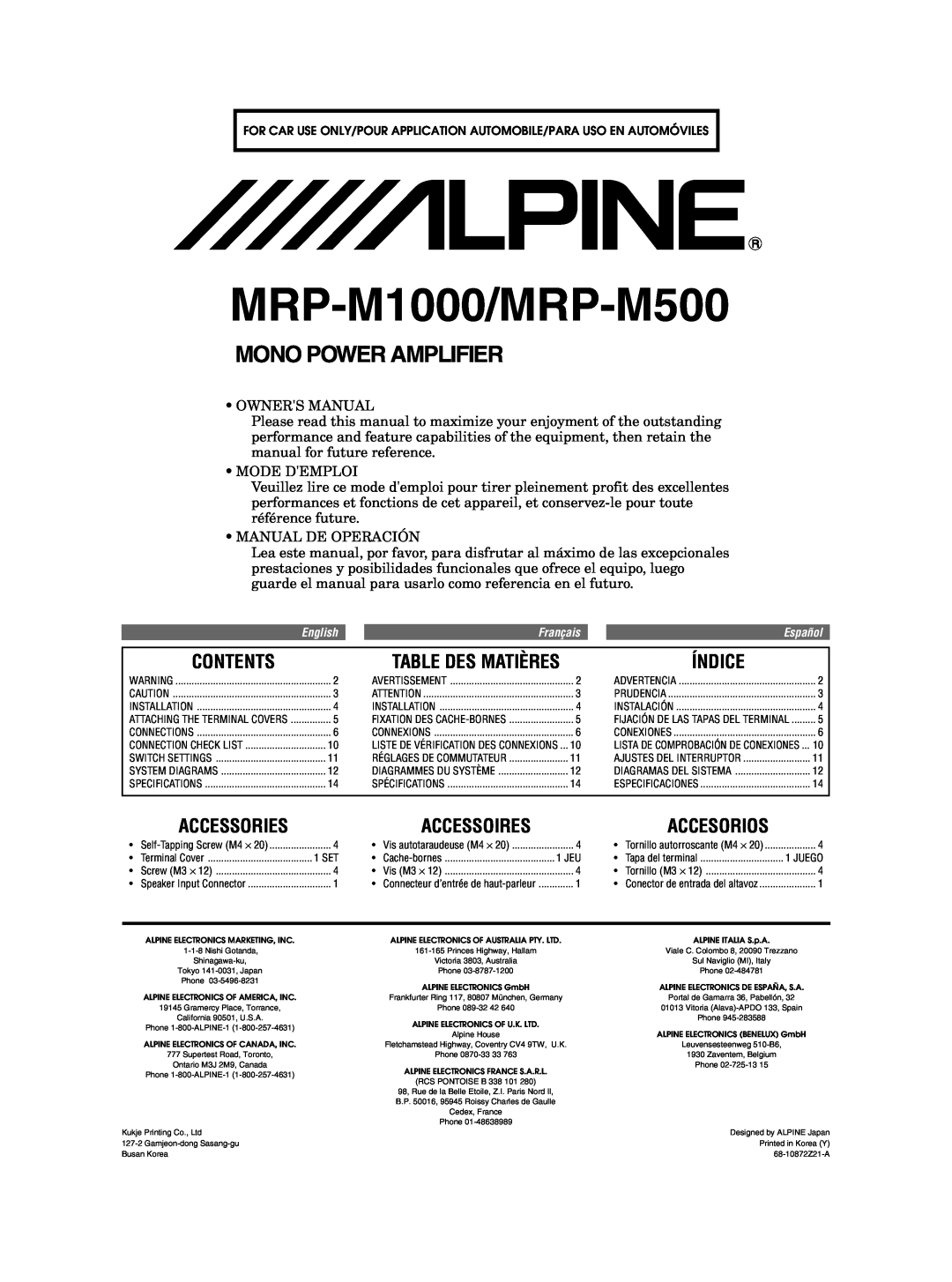 Alpine MRD-M500 owner manual Contents, Índice, Accessories, Accesorios, Table Des Matières, Accessoires, Mode Demploi 