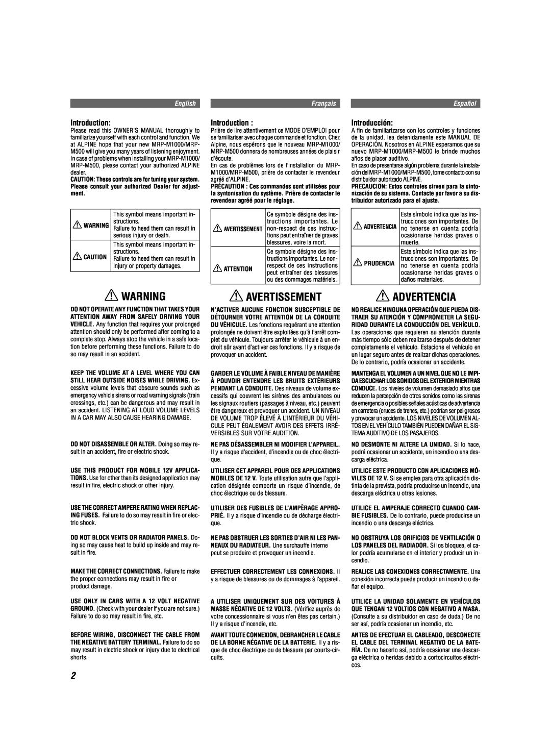 Alpine MRD-M500 owner manual Avertissement, Advertencia, Introduction, Introducción, English, Français, Español 