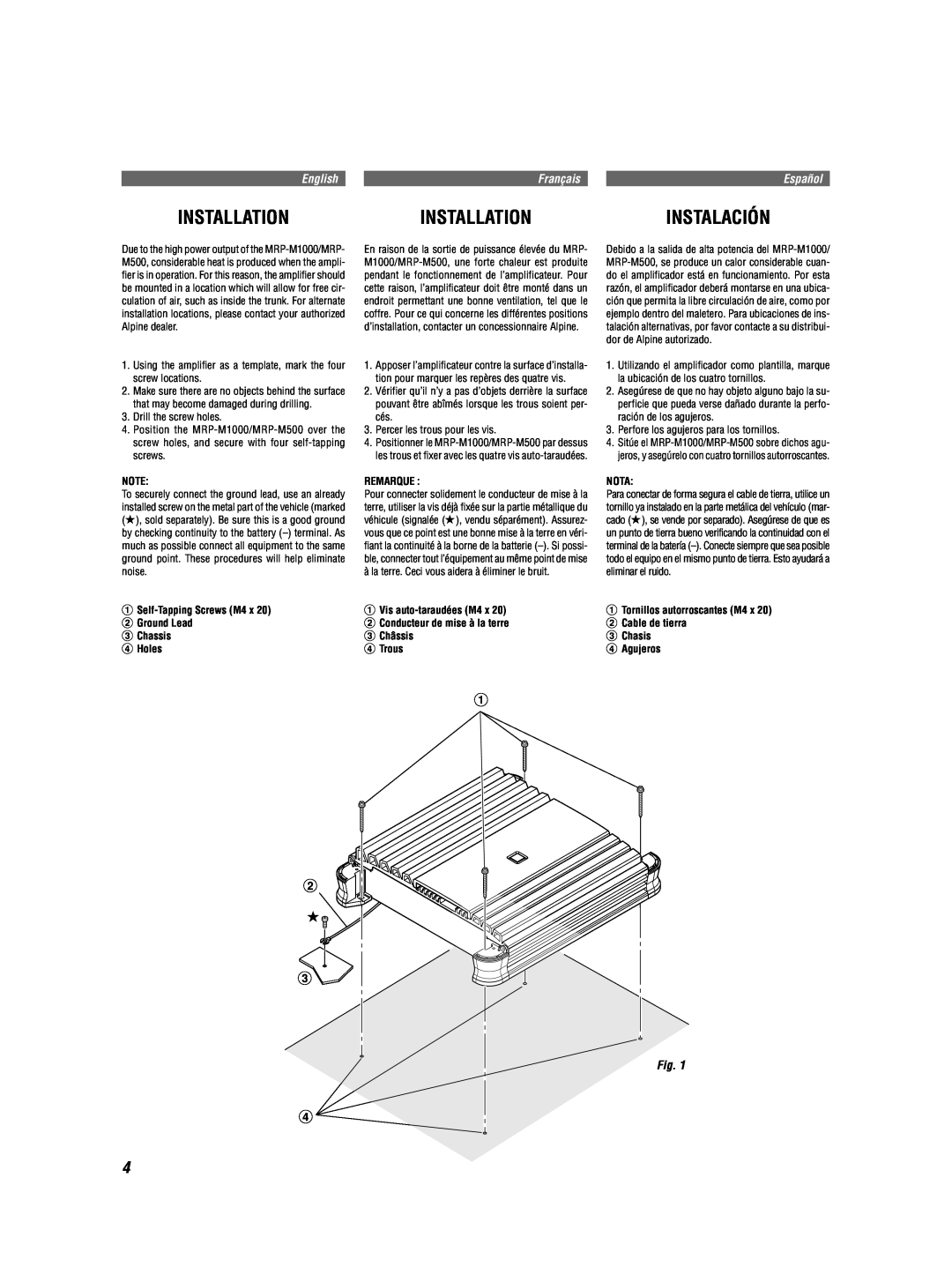 Alpine MRD-M500 owner manual Installation, Instalación, English, Français, Español 