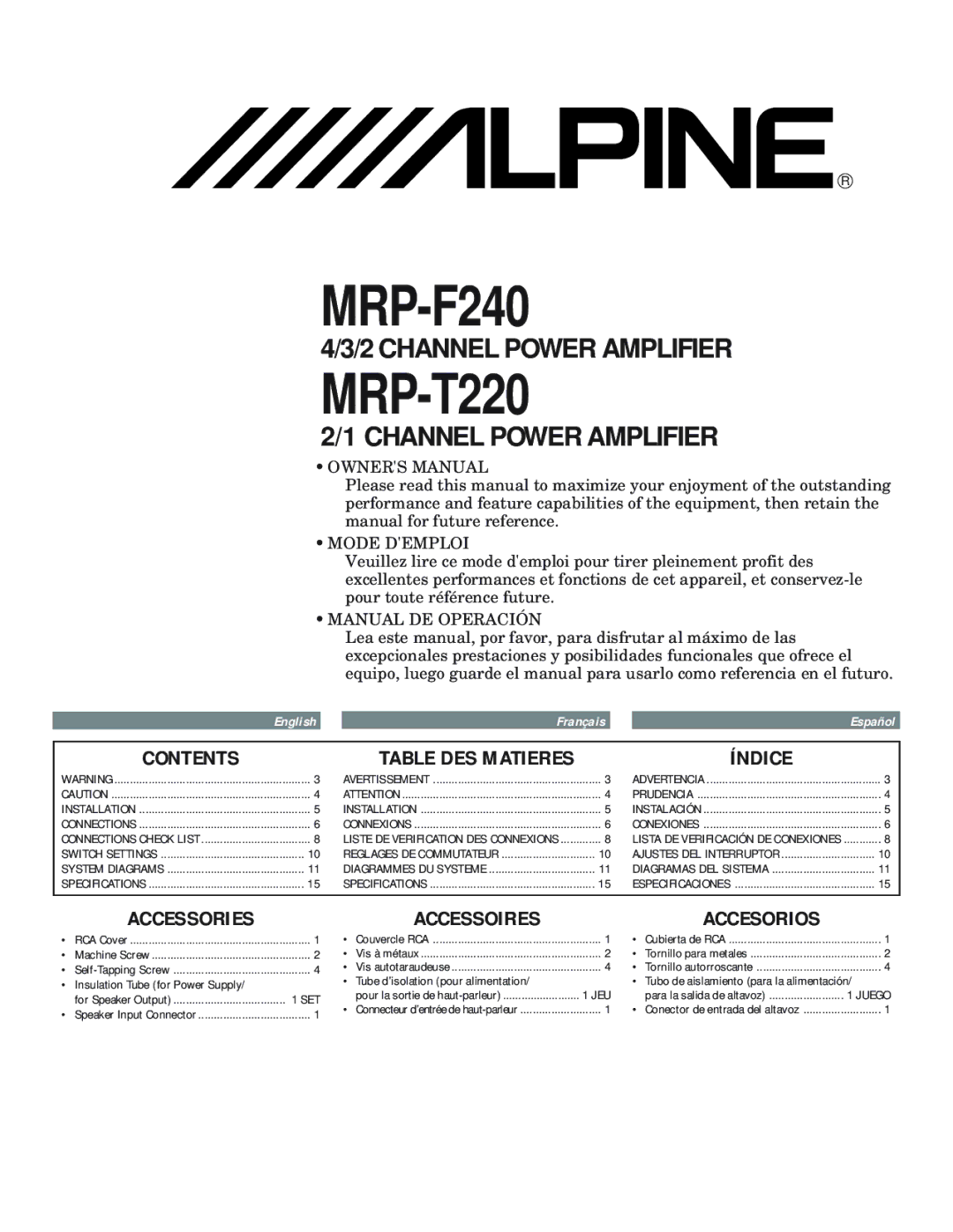 Alpine MRP-T220, MRP-F240 owner manual Contents, Índice, Accessories Accessoires, Tubo de aislamiento para la alimentación 