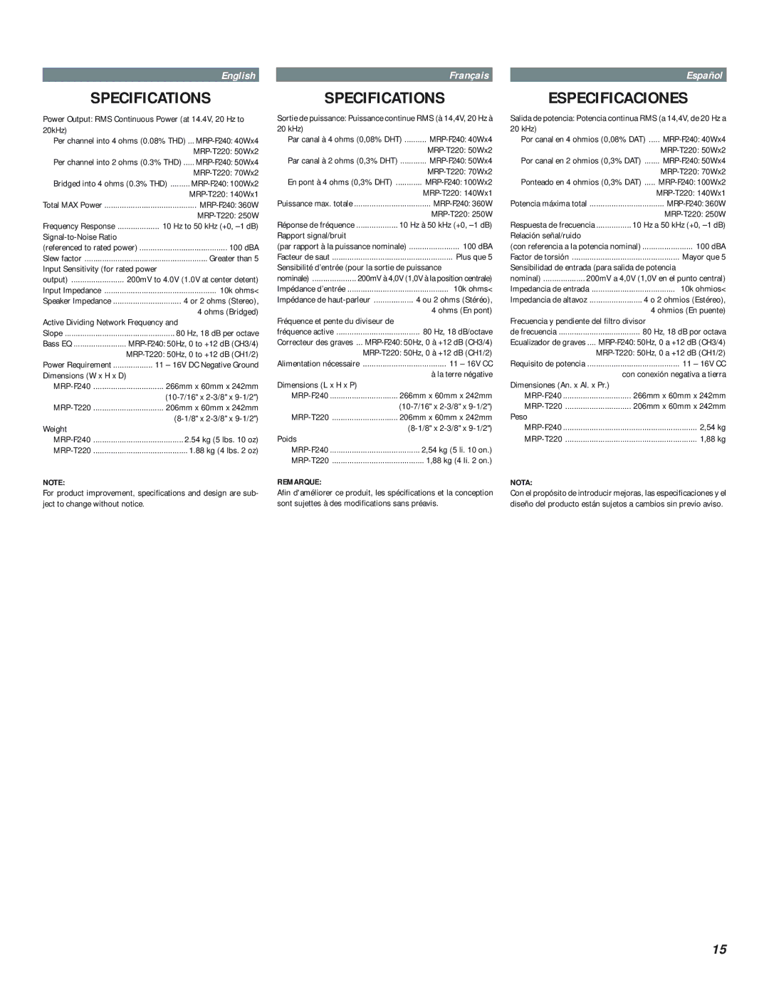 Alpine MRP-T220, MRP-F240 owner manual Specifications, Especificaciones 