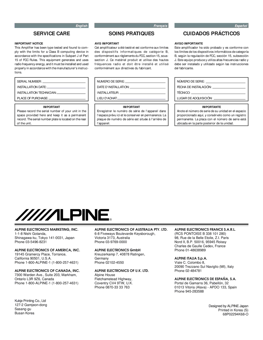 Alpine MRP-F240, MRP-T220 owner manual Service Care, Soins Pratiques, Cuidados Prácticos 