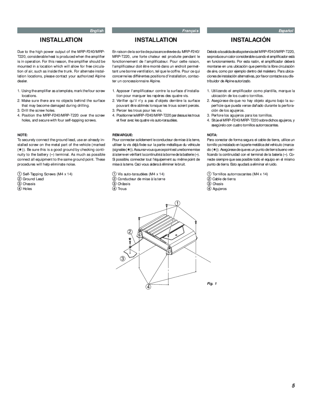 Alpine MRP-T220, MRP-F240 owner manual Remarque, Nota 