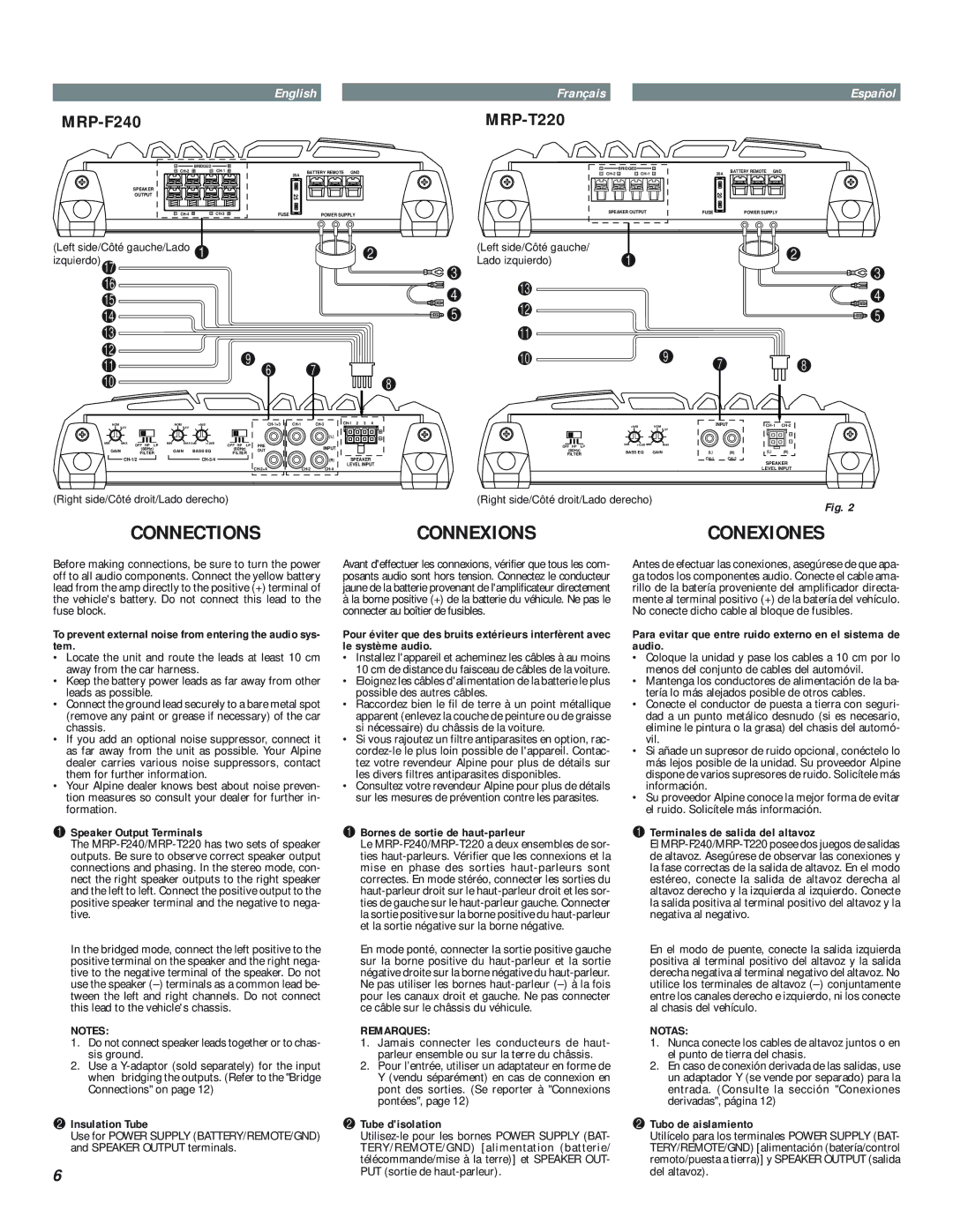 Alpine MRP-F240, MRP-T220 owner manual Connections Connexions, Remarques, Notas 