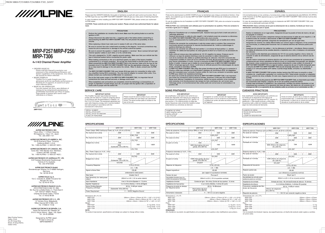 Alpine MRP-T306 specifications Precautions, Précautions, Precauciones, Alpine, Important Notice, Avis Important, Remarque 