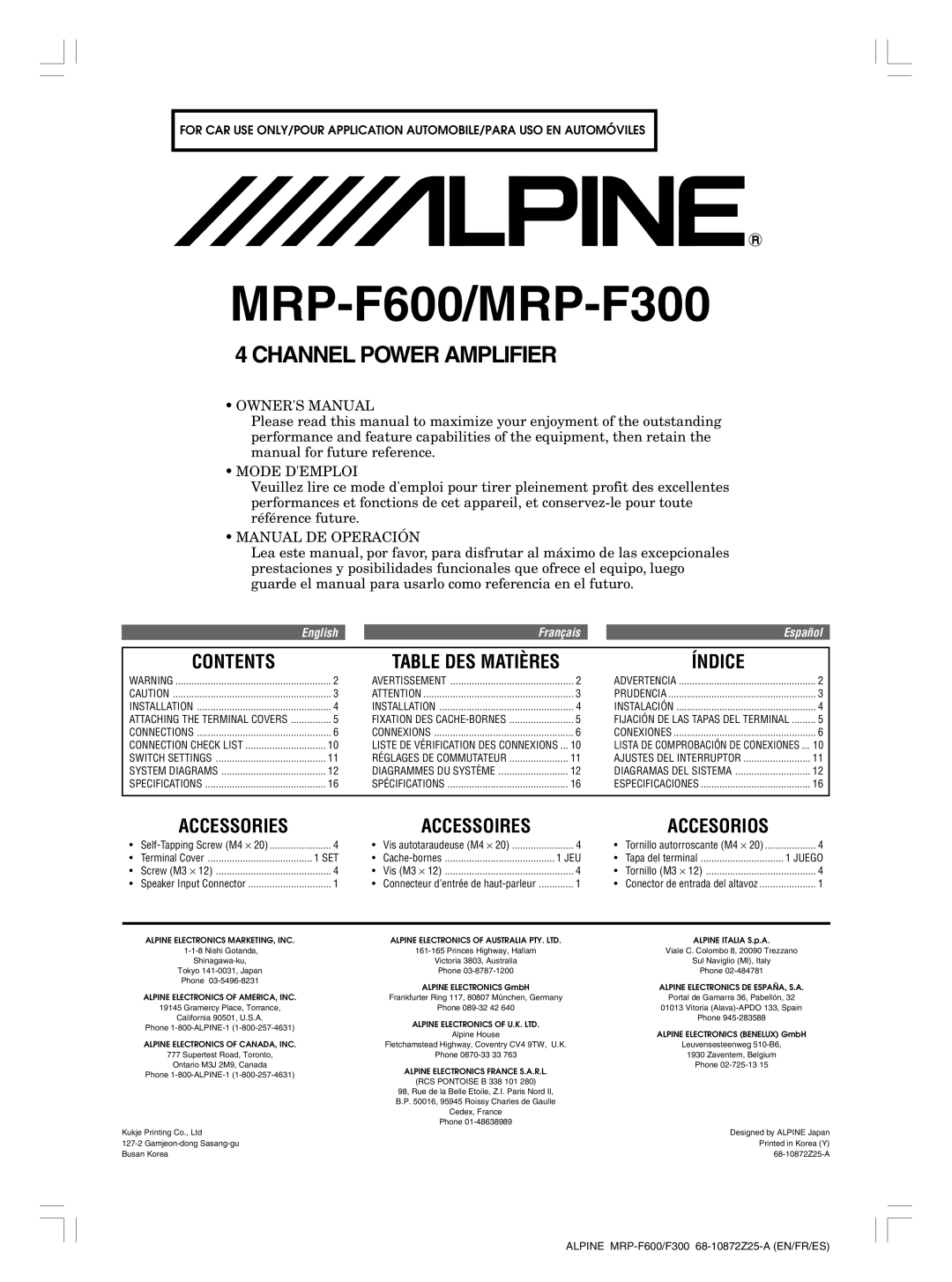 Alpine MRP-F600, MRP-F300 owner manual Contents, Índice, Table DES Matières, Accessoires 