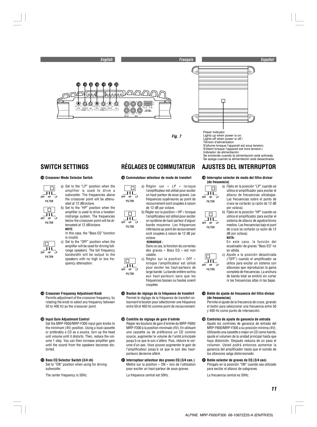 Alpine MRP-F600, MRP-F300 owner manual Switch Settings, Réglages DE Commutateur Ajustes DEL Interruptor 