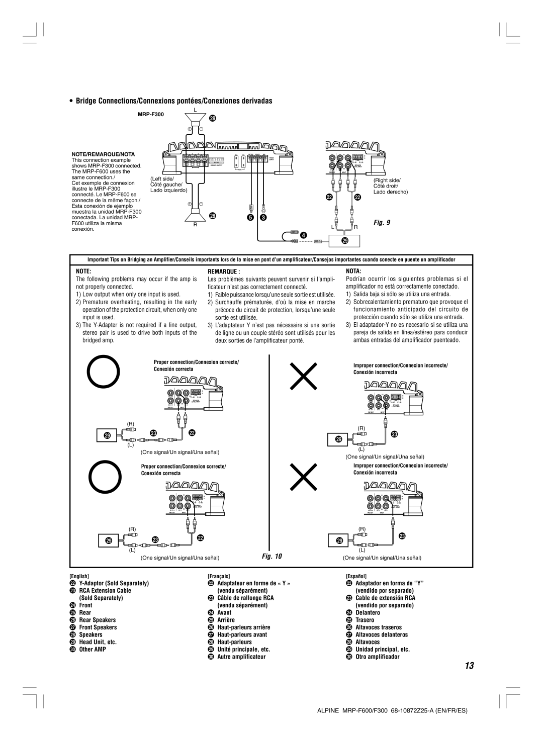 Alpine MRP-F600 Bridge Connections/Connexions pontées/Conexiones derivadas, Salida baja si sólo se utiliza una entrada 