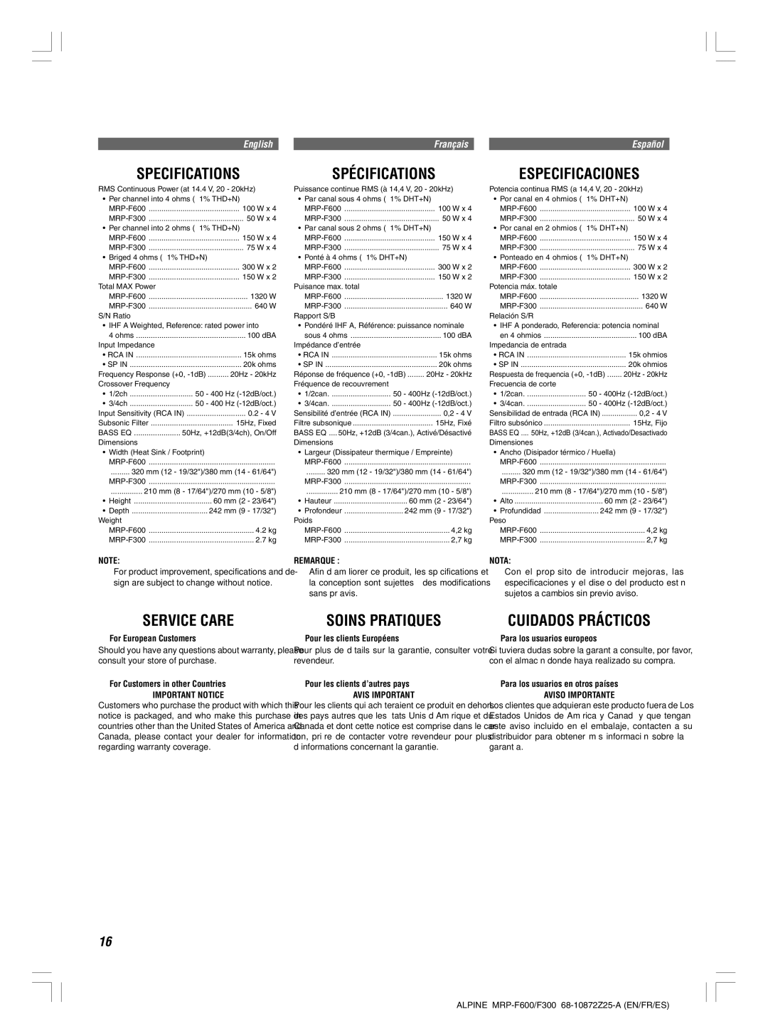 Alpine MRP-F300, MRP-F600 owner manual Specifications Spécifications, Service Care Soins Pratiques, Cuidados Prácticos 