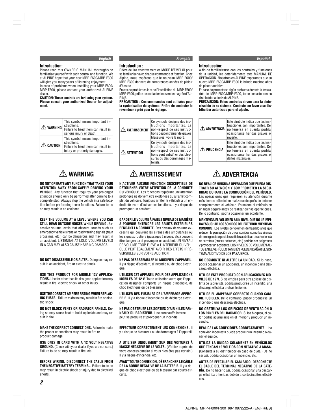 Alpine MRP-F300, MRP-F600 owner manual Avertissement, Advertencia 