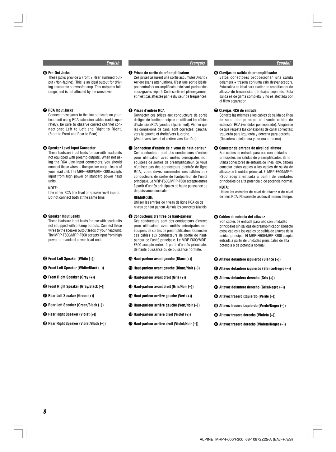 Alpine MRP-F300 Pre-Out Jacks, RCA Input Jacks, Speaker Level Input Connector, Speaker Input Leads, Prises d’entrée RCA 