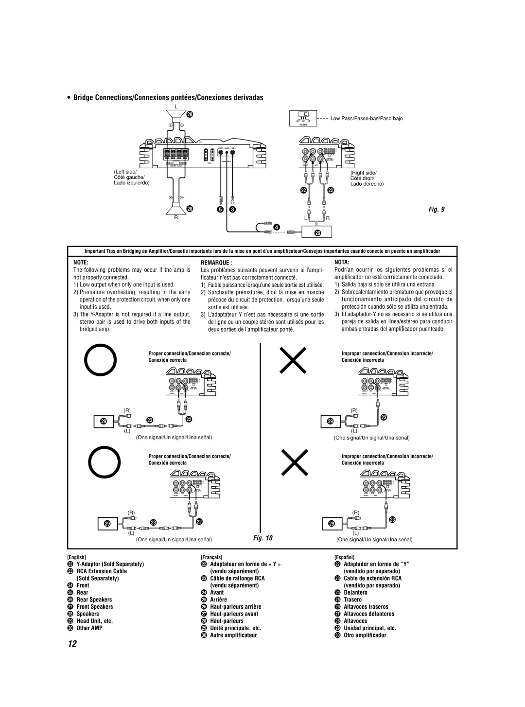 Alpine MRP-F550 Bridge Connections/Connexions pontées/Conexiones derivadas, Salida baja si sólo se utiliza una entrada 