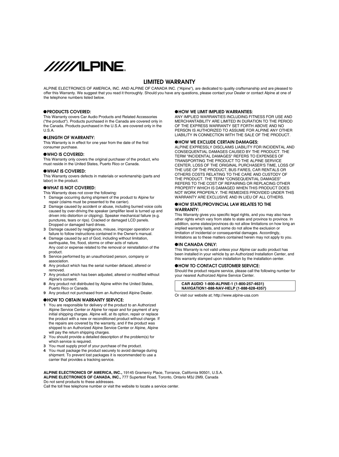 Alpine MRP-M1000MRP-M500 owner manual Limited Warranty, CAR Audio 1-800-ALPINE-1 NAVIGATION1-888-NAV-HELP 