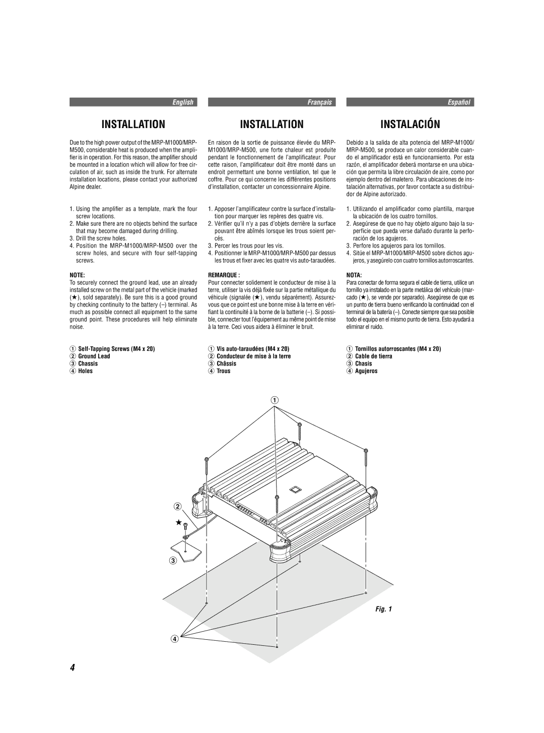 Alpine MRP-M1000MRP-M500 owner manual Self-Tapping Screws M4 x Ground Lead Chassis Holes, Remarque, Nota 