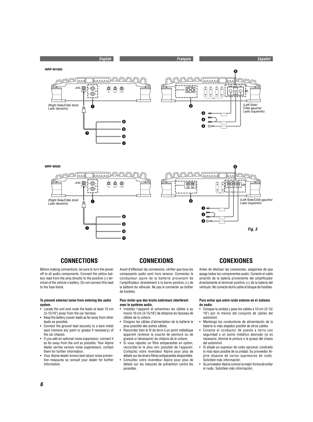 Alpine MRP-M1000MRP-M500 owner manual Connections Connexions, To prevent external noise from entering the audio system 