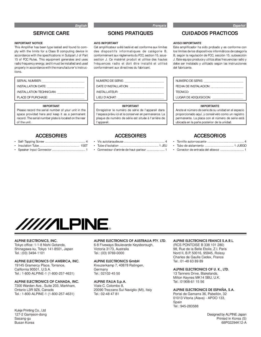 Alpine MRP-M200 owner manual Service Care, Soins Pratiques, Cuidados Practicos, Accesories Accesoires 