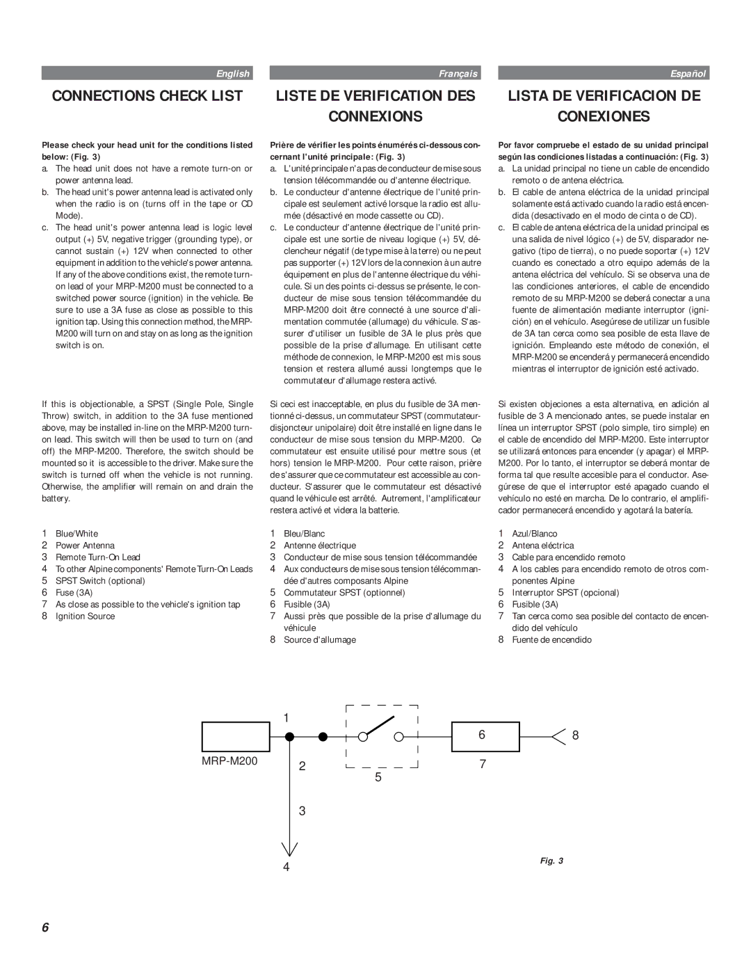 Alpine MRP-M200 owner manual Connexions, Lista DE Verificacion DE Conexiones, Bleu/Blanc Antenne électrique 