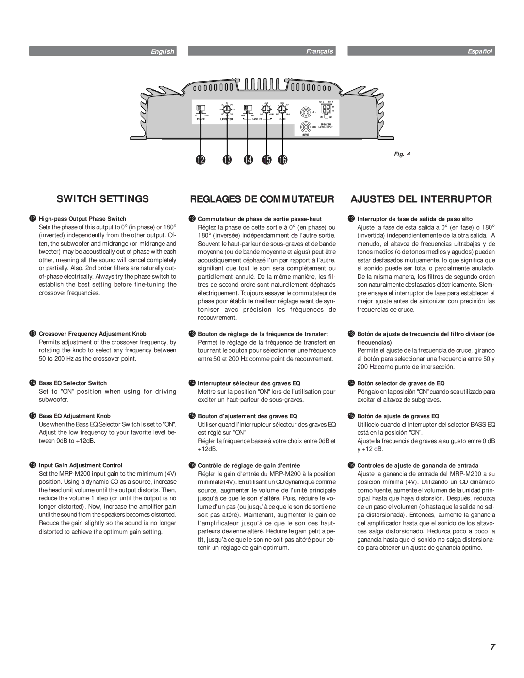 Alpine MRP-M200 owner manual Switch Settings, Reglages DE Commutateur Ajustes DEL Interruptor 