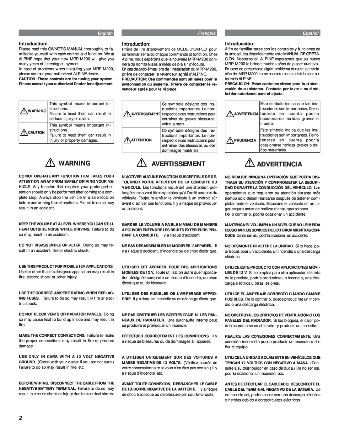 Alpine MRP-M200 owner manual Avertissement, Advertencia, Introduction, Introducción, English, Français, Español 