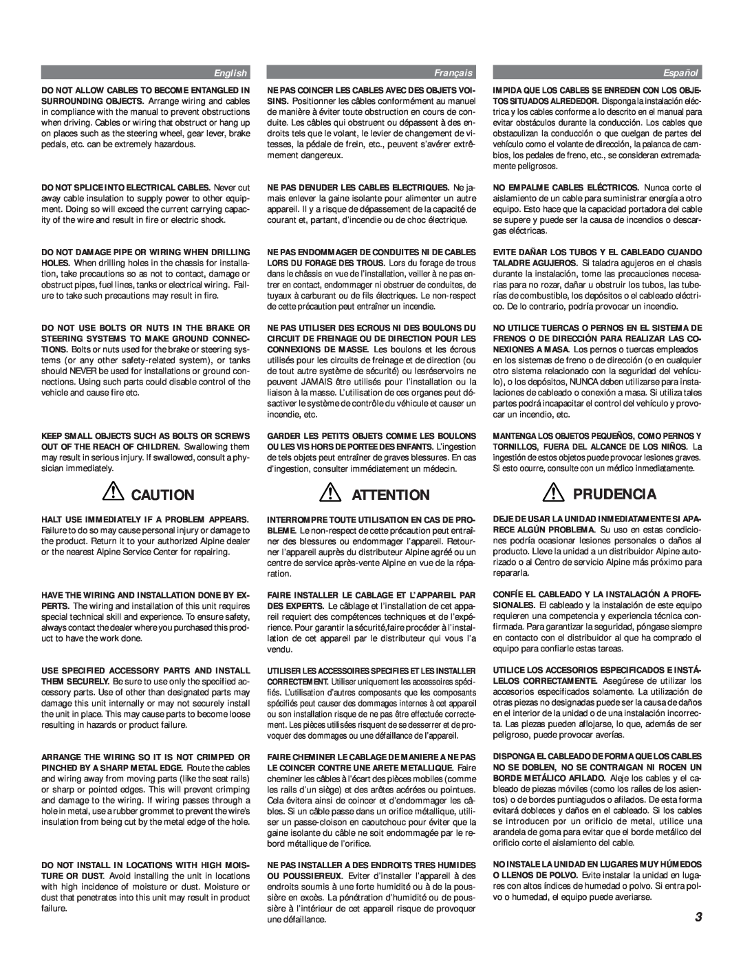 Alpine MRP-M200 owner manual Attention Prudencia, English, Français, Español 