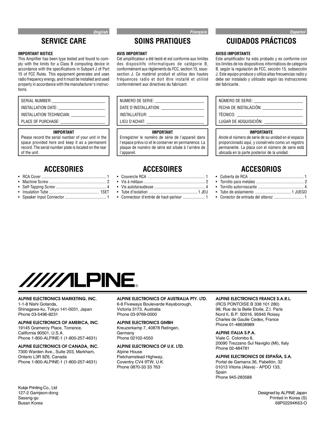 Alpine MRP-M350 owner manual Service Care, Soins Pratiques, Cuidados Prácticos, Accesories Accesoires 