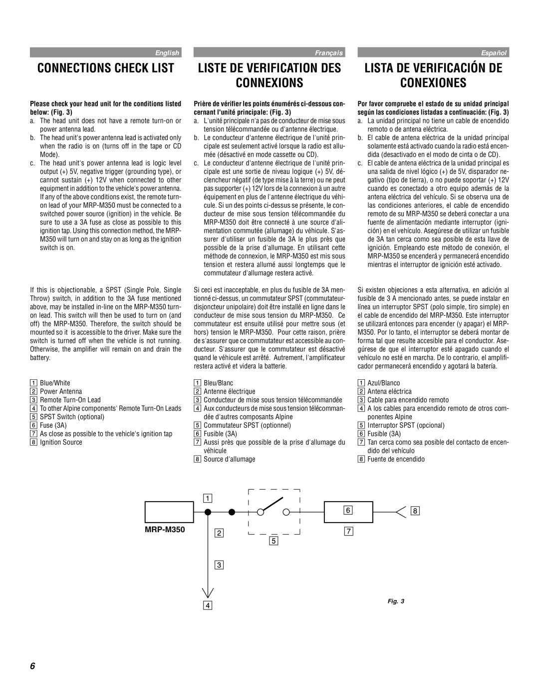 Alpine MRP-M350 owner manual Connexions, Lista DE Verificación DE Conexiones 