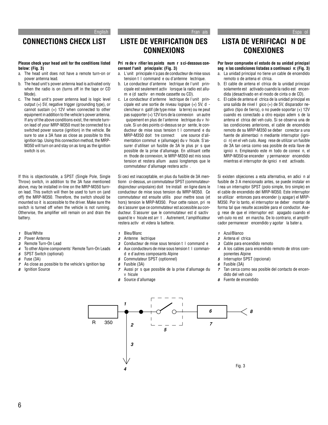 Alpine MRP-M350 owner manual Connexions, Lista DE Verificación DE Conexiones 