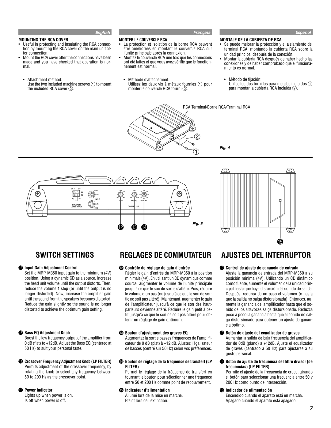 Alpine MRP-M350 Switch Settings, Mounting the RCA Cover, Monter LE Couvercle RCA, Montaje DE LA Cubierta DE RCA 