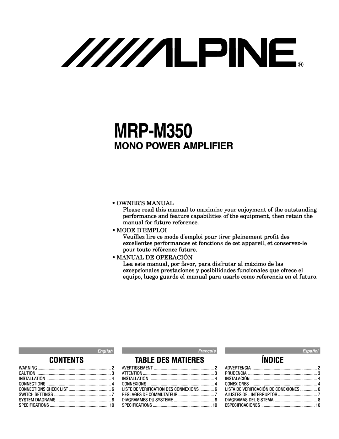 Alpine MRP-M350 owner manual Contents, Table Des Matieres, Índice, Mono Power Amplifier 