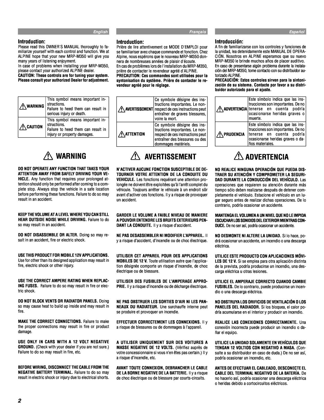 Alpine MRP-M350 owner manual Avertissement, Advertencia, Introduction, Introducción, English, Français, Español 