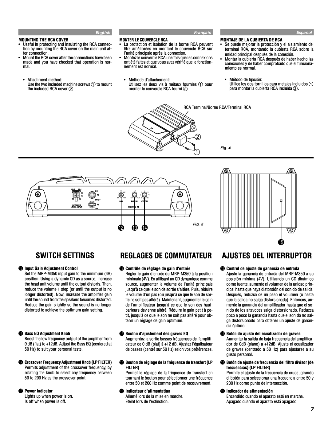 Alpine MRP-M350 owner manual Switch Settings, English, Français, Español, Çreglages De Commutateur 