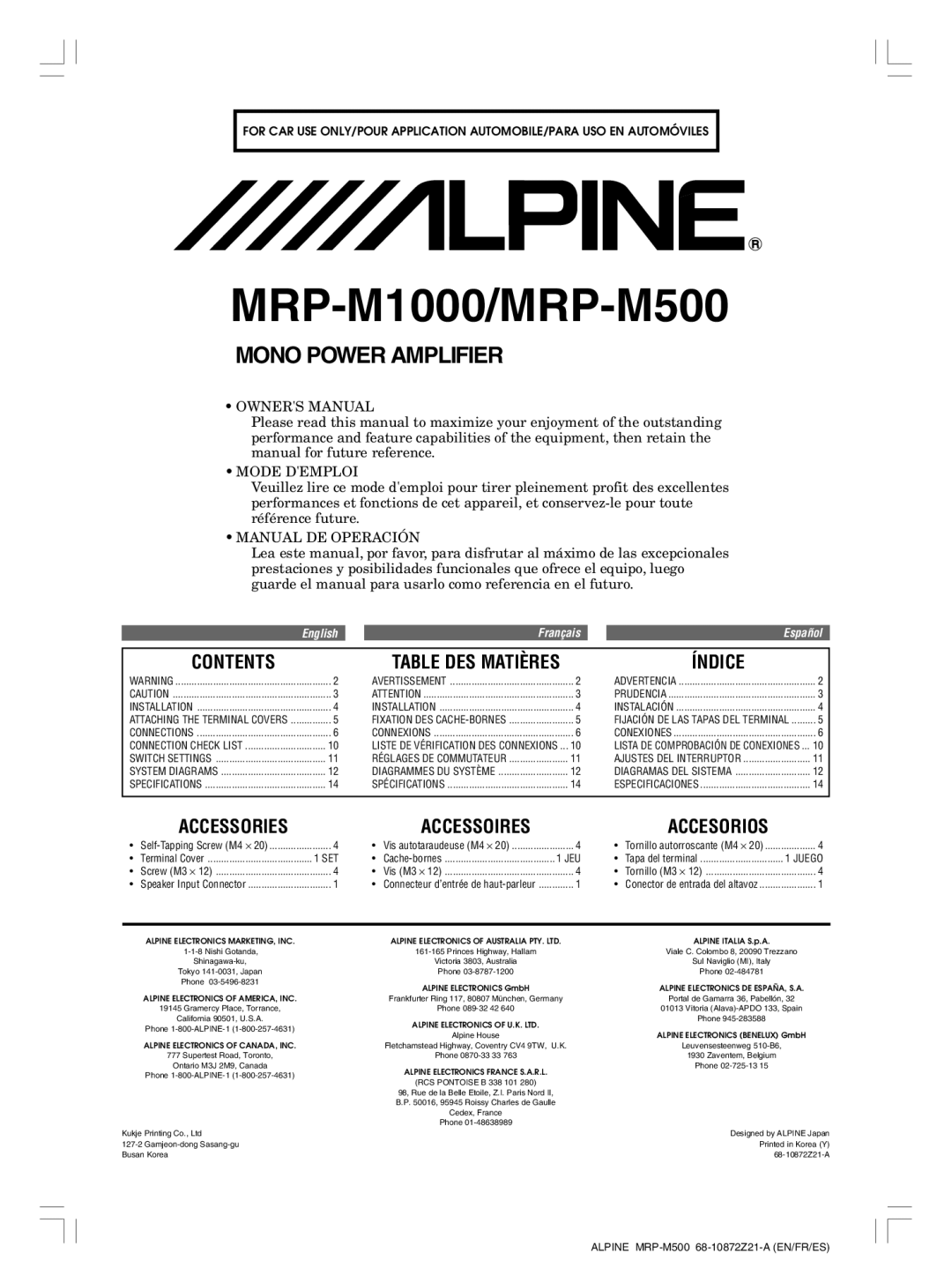 Alpine MRP-M1000 owner manual Contents, Índice, Alpine MRP-M500 68-10872Z21-A EN/FR/ES 