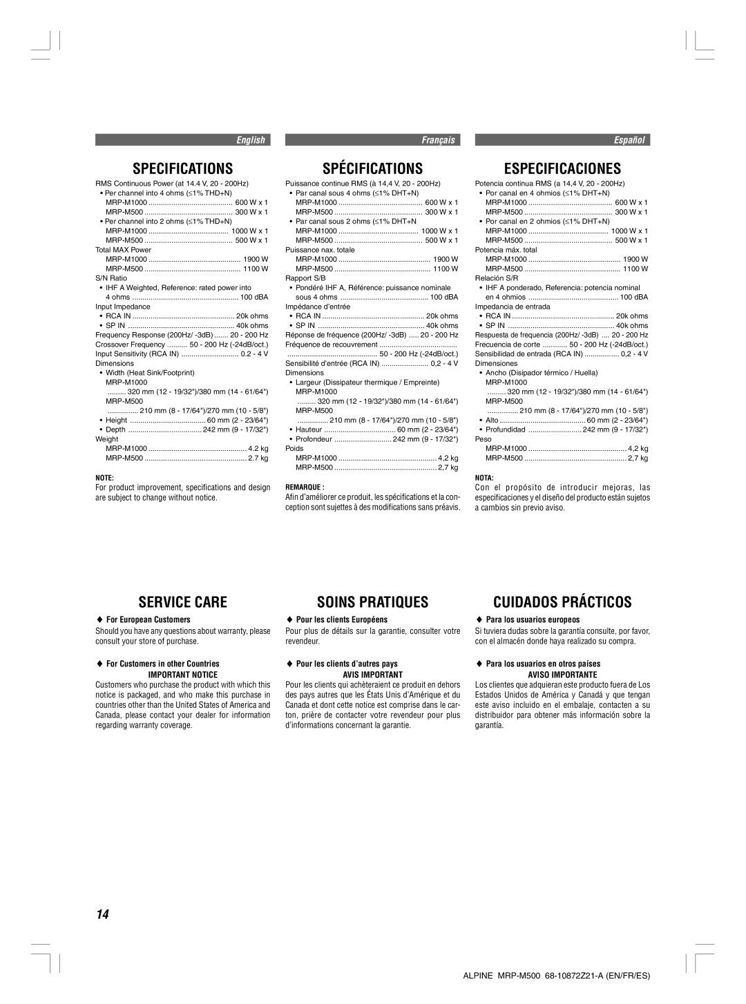 Alpine MRP-M500, MRP-M1000 Specifications Spécifications, Service Care Soins Pratiques, Important Notice, Avis Important 