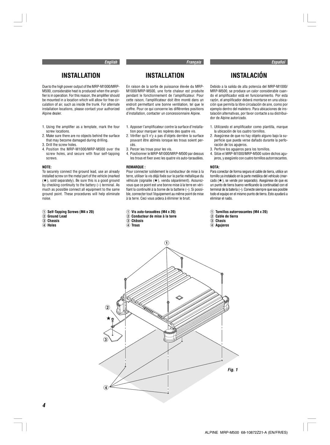 Alpine MRP-M500, MRP-M1000 Installation Instalación, Self-Tapping Screws M4 x Ground Lead Chassis Holes, Remarque, Nota 